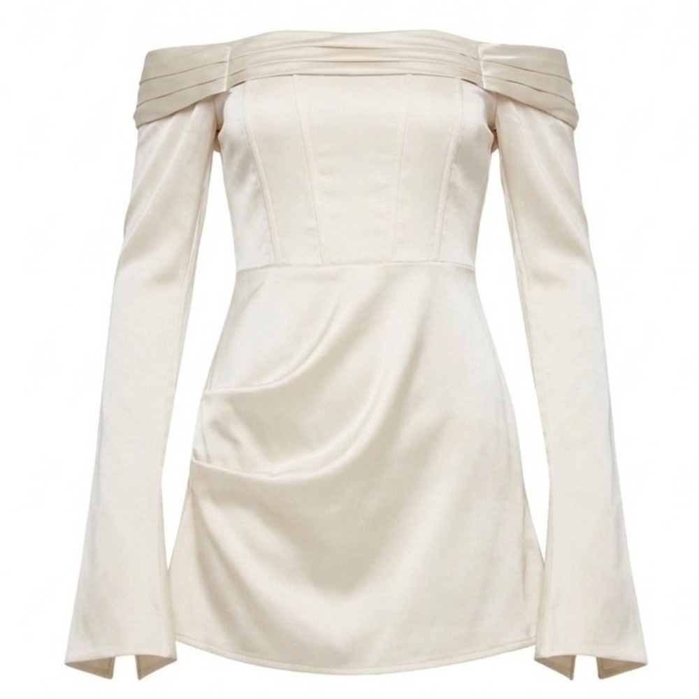 NEW PrettyLittleThing Champagne Satin Pleat Bardot Flared Sleeve Mini Dress US 4